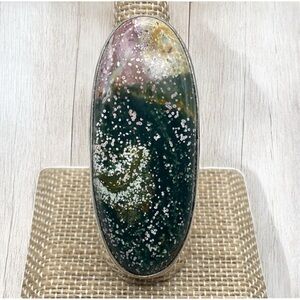 New Ocean Agate Stone Silver Overlay Big Statement Ring Size 7.75-8